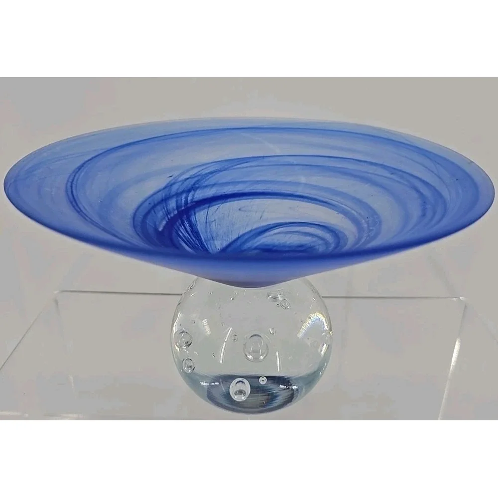 Satin blue Swirl Compote  Polished  Clear Glass Base W/ Bubbles 7